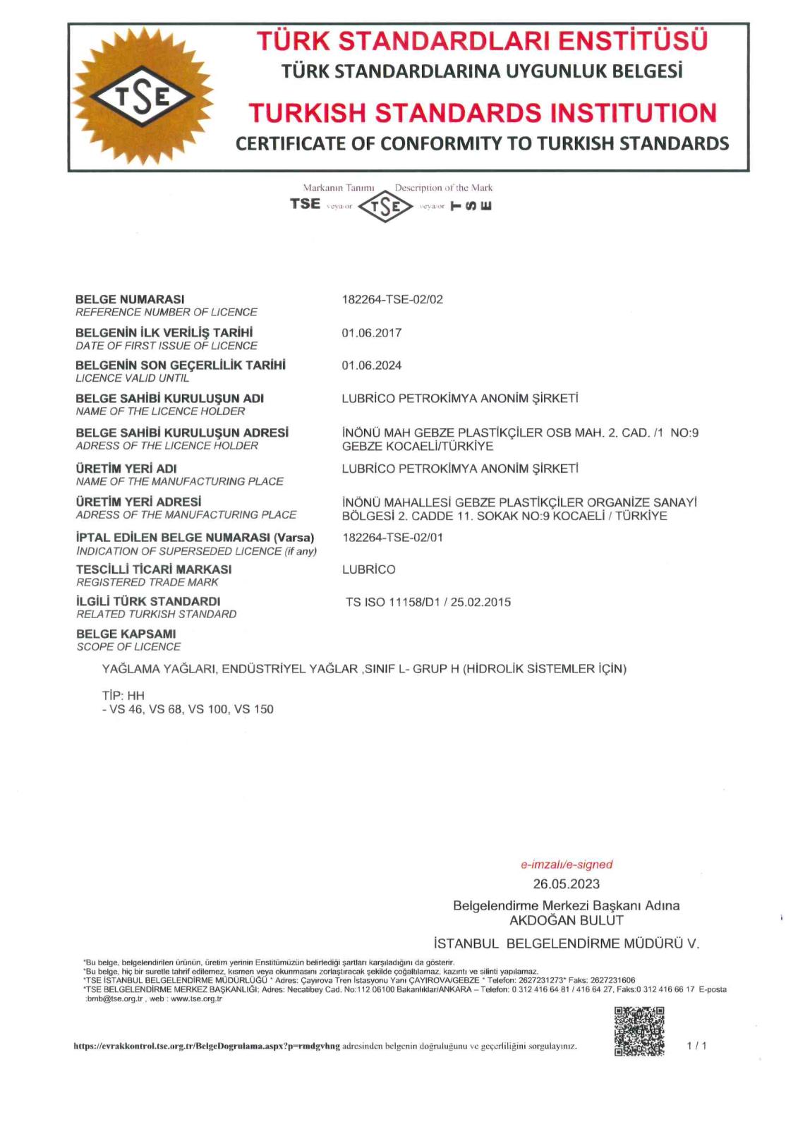 TSE Certificate of Conformity 11158