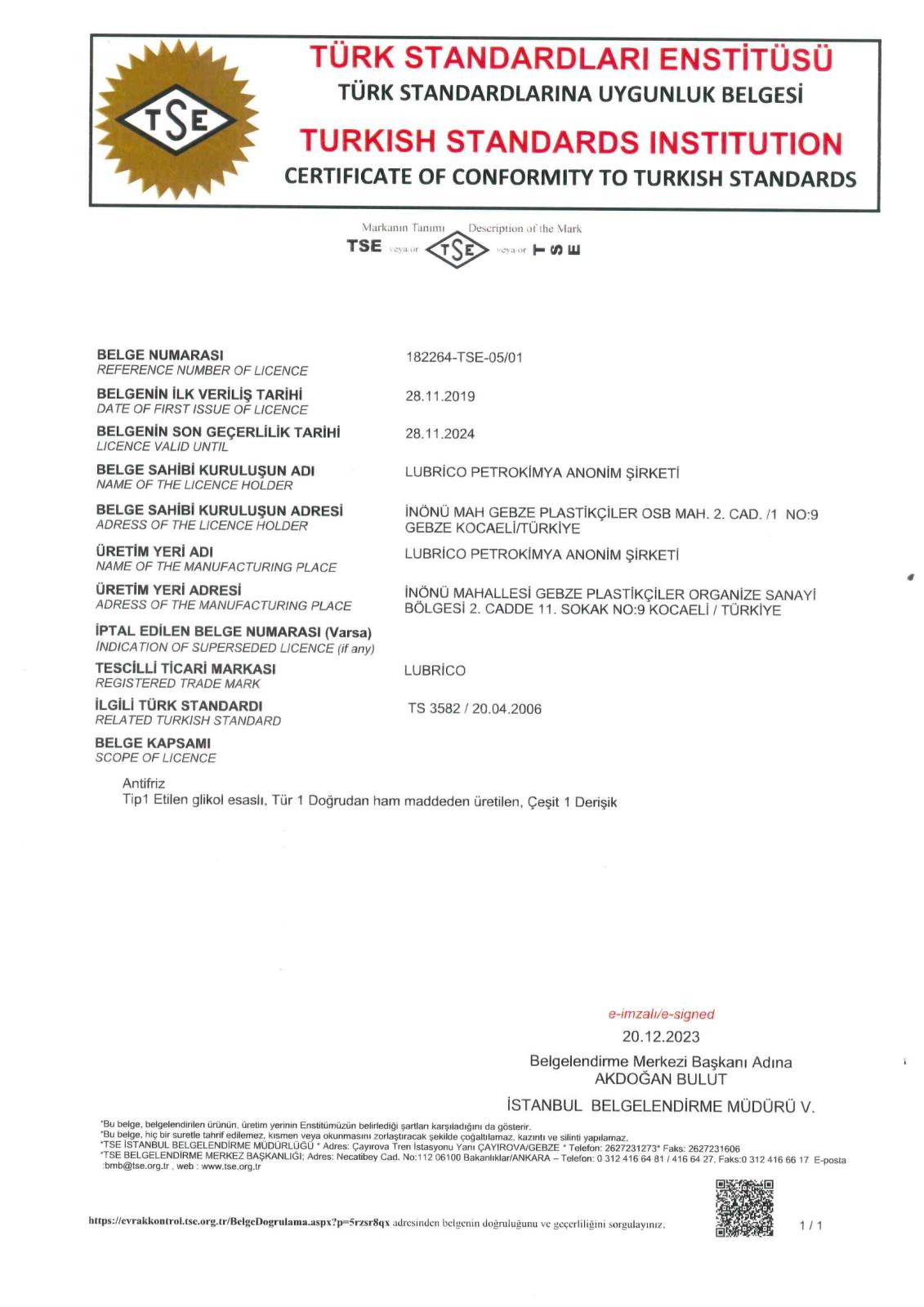 TSE Certificate of Conformity TS 3582