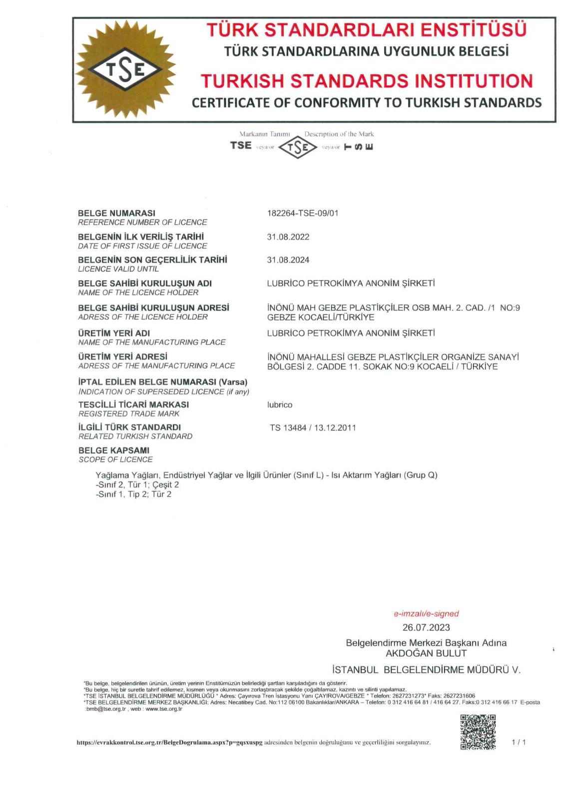 TSE Certificate of Conformity 13484
